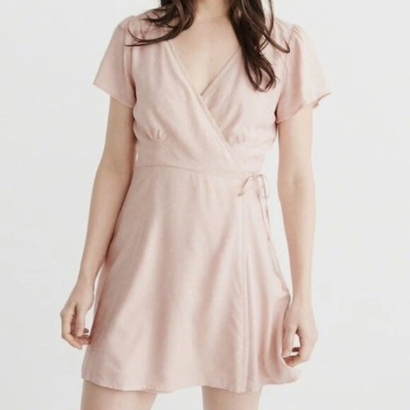 Abercrombie & Fitch Women's Soft Pink Floral Wrap Mini Dress Short Sleeves Small - Picture 1 of 10